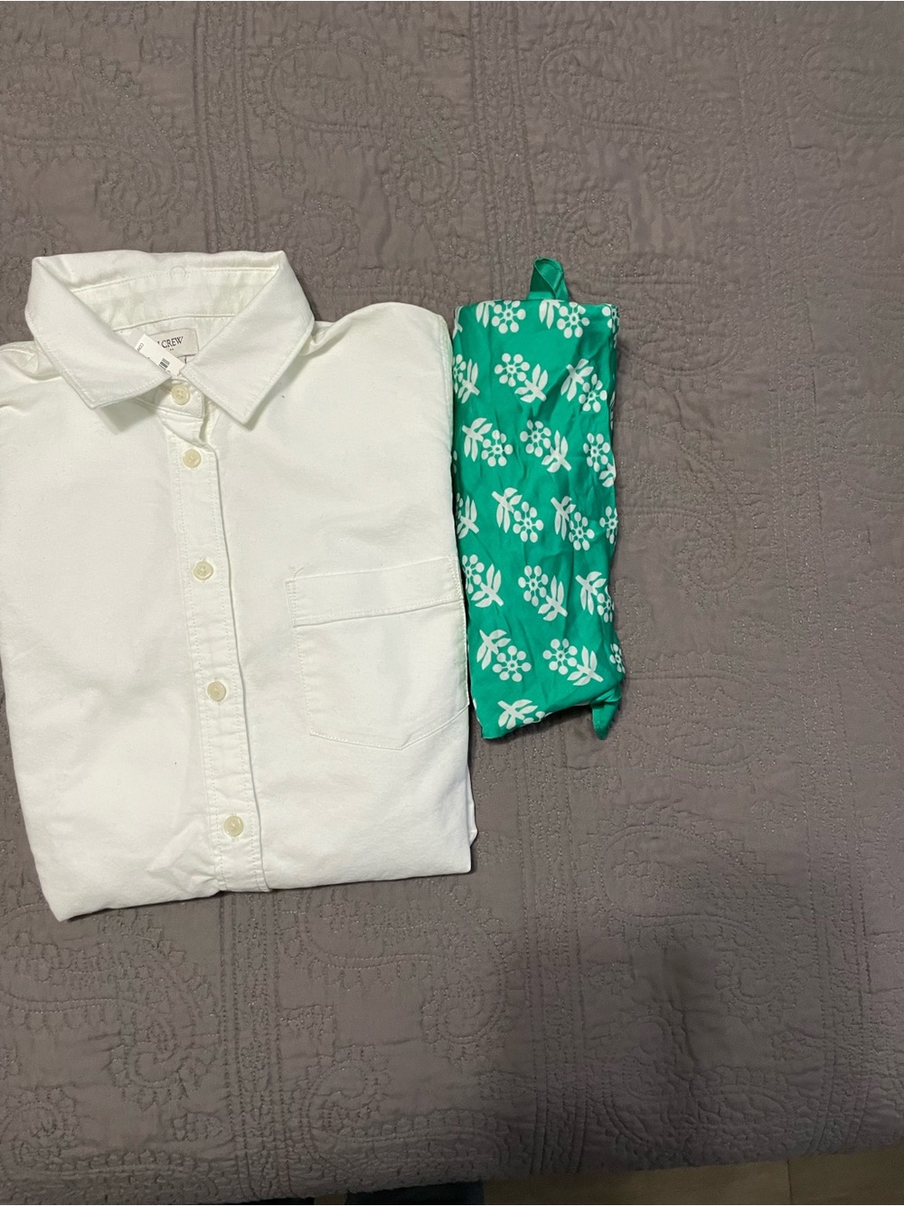 J. Crew White Button-Down Shirt with Green Floral Pocket Scarf